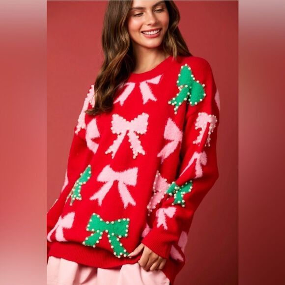 900. PEARL AND BOW EMBELLISHED SWEATER - Picture 6 of 11